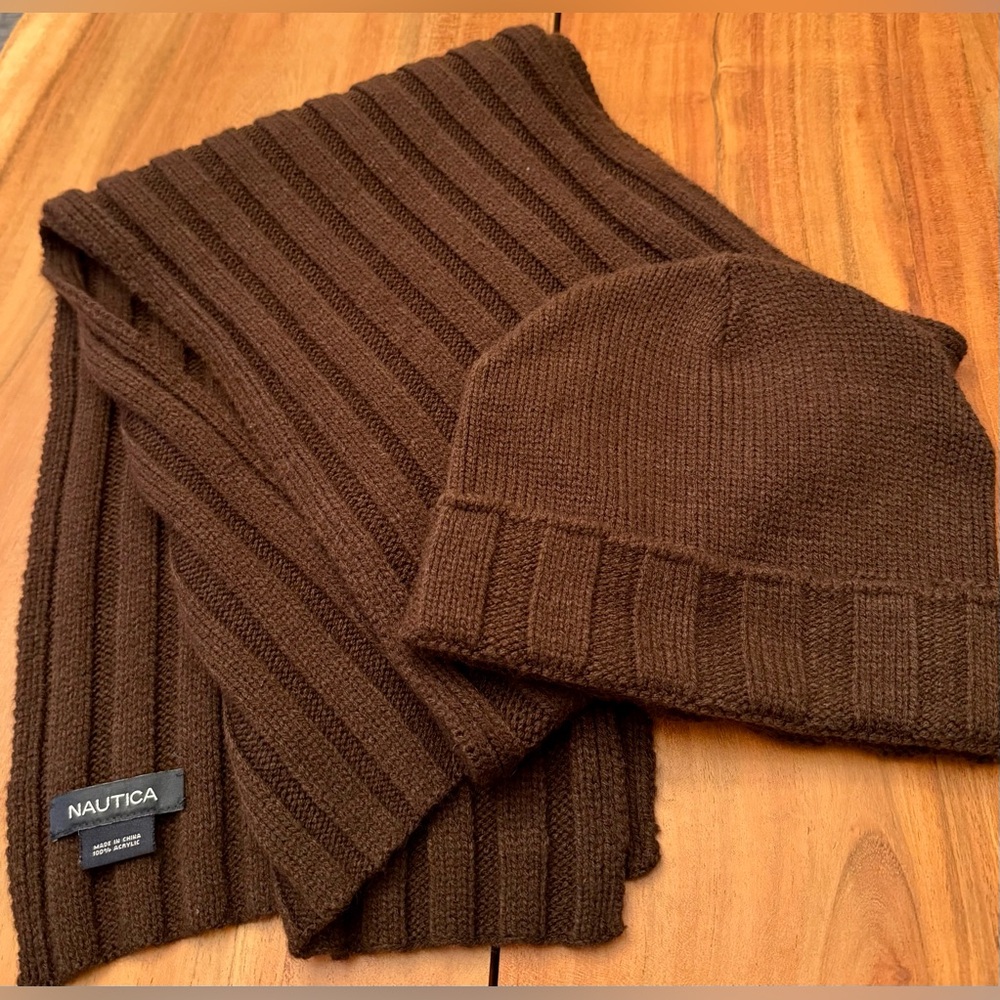 Nautica Brown Knit Scarf & Beanie Set Ribbed Winter Hat Unisex EUC
